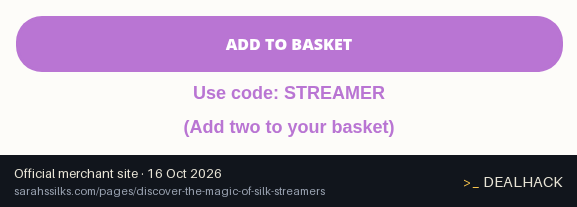 Screenshot of Sarah's Silks's website on Oct 16, 2026 showing the "Get a Free Rainbow Streamer When You Buy One" offer