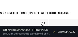 Screenshot of SCHUTZ's website on Oct 18, 2026 showing the "30% Off VIP Collection With Code" offer