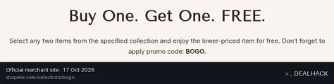 Screenshot of Shapellx's website on Oct 17, 2026 showing the "Buy 1 Get 1 Free on BOGO Collection" offer