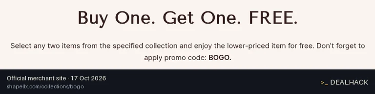 Screenshot of Shapellx's website on Oct 17, 2026 showing the "Buy 1 Get 1 Free on BOGO Collection" offer