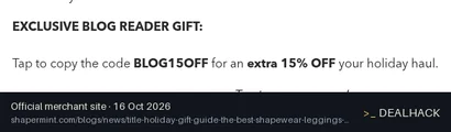 Screenshot of Shapermint's website on Oct 16, 2026 showing the "Enjoy 15% Off Your Shapermint Order" offer