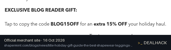 Screenshot of Shapermint's website on Oct 16, 2026 showing the "Enjoy 15% Off Your Shapermint Order" offer