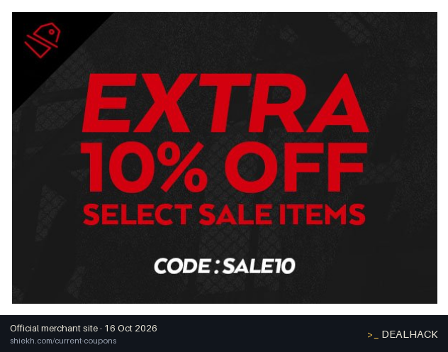 Screenshot of Shiekh's website on Oct 16, 2026 showing the "Extra 10% Off Sale Items at Shiekh" offer