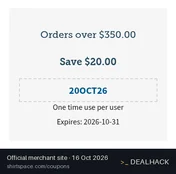 Screenshot of ShirtSpace's website on Oct 16, 2026 showing the "Save $20 on ShirtSpace Orders Over $350" offer
