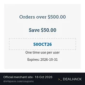 Screenshot of ShirtSpace's website on Oct 16, 2026 showing the "Save $50 on ShirtSpace Orders Over $500" offer