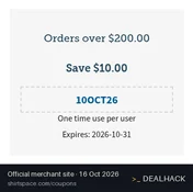 Screenshot of ShirtSpace's website on Oct 16, 2026 showing the "Save $10 on ShirtSpace Orders Over $200" offer