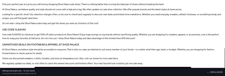 Screenshot of Shoe Palace's website on Oct 16, 2026 showing the "50% Off Flash Sale on Select Styles" offer