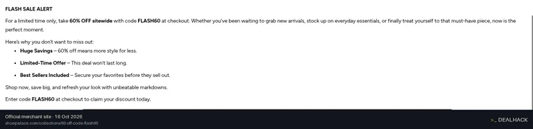 Screenshot of Shoe Palace's website on Oct 16, 2026 showing the "60% Off Sitewide Flash Sale" offer