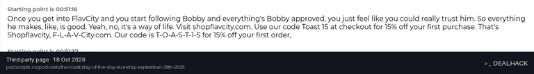 Screenshot of podscripts.co listing a FlavCity coupon on Oct 18, 2026 showing the "15% Off First Order for Toast Podcast Listeners" offer