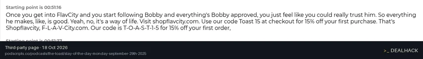 Screenshot of podscripts.co listing a FlavCity coupon on Oct 18, 2026 showing the "15% Off First Order for Toast Podcast Listeners" offer