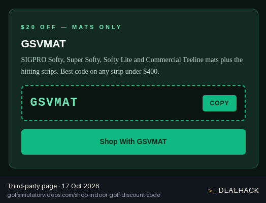 Screenshot of golfsimulatorvideos.com listing a The Indoor Golf Shop coupon on Oct 17, 2026 showing the "Take $20 Off at Shop Indoor Golf" offer