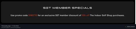 Screenshot of simulatorgolftour.com listing a The Indoor Golf Shop coupon on Oct 17, 2026 showing the "Save 10% on Your Order" offer