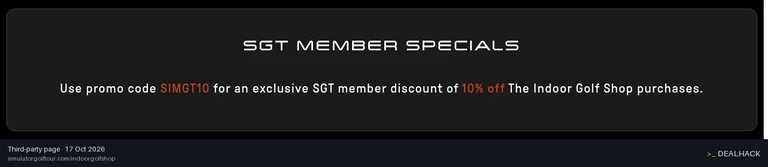 Screenshot of simulatorgolftour.com listing a The Indoor Golf Shop coupon on Oct 17, 2026 showing the "Save 10% on Your Order" offer