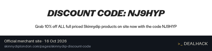 Screenshot of Skinnydip London's website on Oct 16, 2026 showing the "Save 10% on Full-Price Items at Skinnydip London" offer