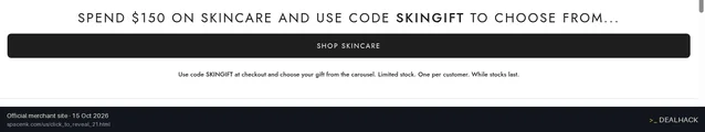 Screenshot of Space NK's website on Oct 15, 2026 showing the "Save on Skincare With a Free Full-Size Gift" offer