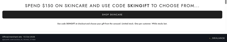 Screenshot of Space NK's website on Oct 15, 2026 showing the "Save on Skincare With a Free Full-Size Gift" offer