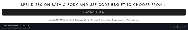 Screenshot of Space NK's website on Oct 15, 2026 showing the "Save on Bath & Body With a Free Full-Size Gift" offer