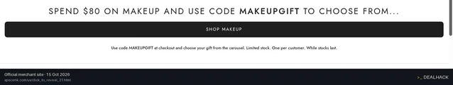 Screenshot of Space NK's website on Oct 15, 2026 showing the "Save on Makeup With a Free Full-Size Gift" offer