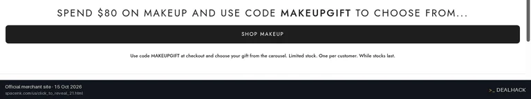 Screenshot of Space NK's website on Oct 15, 2026 showing the "Save on Makeup With a Free Full-Size Gift" offer