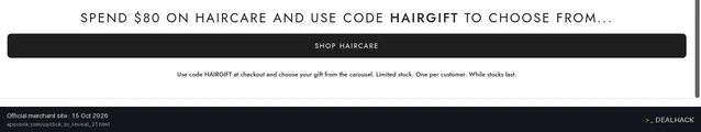 Screenshot of Space NK's website on Oct 15, 2026 showing the "Save on Haircare With a Free Full-Size Gift" offer