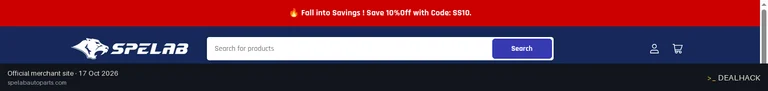 Screenshot of SPELAB Auto Parts's website on Oct 17, 2026 showing the "Take 10% Off Your Order at Spelab Auto Parts" offer