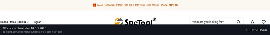 Screenshot of SpeTool's website on Oct 16, 2026 showing the "Get 10% Off Your First SpeTool Order" offer