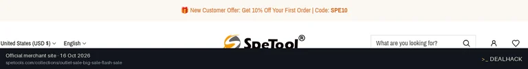 Screenshot of SpeTool's website on Oct 16, 2026 showing the "Get 10% Off Your First SpeTool Order" offer
