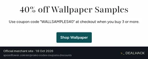 Screenshot of Spoonflower's website on Oct 18, 2026 showing the "40% Off 3+ Wallpaper Samples at Spoonflower" offer