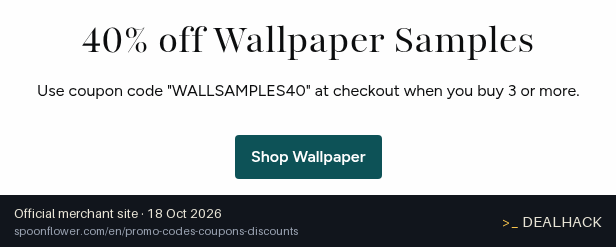 Screenshot of Spoonflower's website on Oct 18, 2026 showing the "40% Off 3+ Wallpaper Samples at Spoonflower" offer
