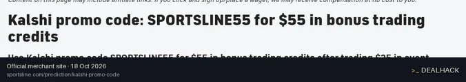 Screenshot of SportsLine's website on Oct 18, 2026 showing the "Get $55 in Kalshi Trading Credits" offer