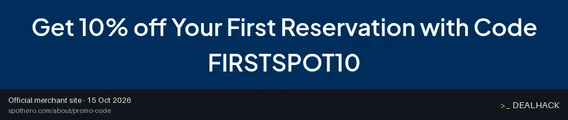 Screenshot of SpotHero's website on Oct 15, 2026 showing the "Save 10% on First SpotHero App Booking" offer