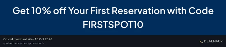 Screenshot of SpotHero's website on Oct 15, 2026 showing the "Save 10% on First SpotHero App Booking" offer