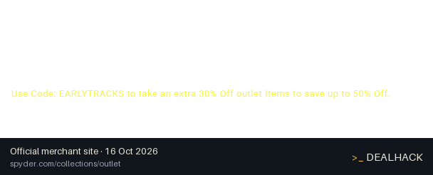 Screenshot of Spyder's website on Oct 16, 2026 showing the "Take an Extra 30% Off Outlet Items at Spyder" offer
