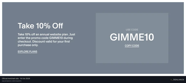 Screenshot of Squarespace's website on Oct 16, 2026 showing the "10% Off First Annual Website Plan" offer