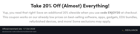 Screenshot of StackSocial's website on Oct 17, 2026 showing the "20% Off Sitewide" offer