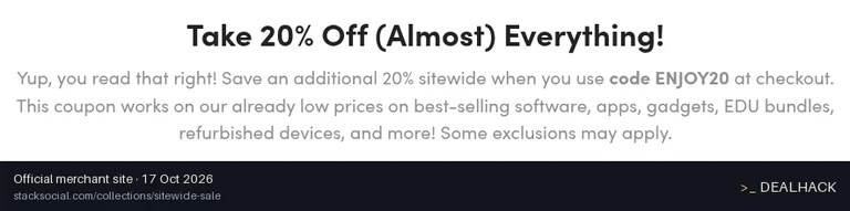 Screenshot of StackSocial's website on Oct 17, 2026 showing the "20% Off Sitewide" offer