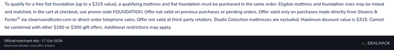 Screenshot of Stearns & Foster's website on Oct 17, 2026 showing the "Free Flat Foundation With Qualifying Mattress Purchase" offer