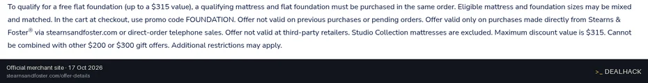 Screenshot of Stearns & Foster's website on Oct 17, 2026 showing the "Free Flat Foundation With Qualifying Mattress Purchase" offer