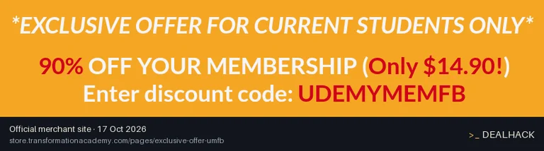 Screenshot of Transformation Academy's website on Oct 17, 2026 showing the "90% Off Membership for Current Students" offer