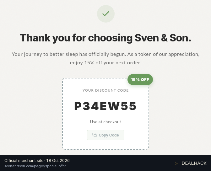 Screenshot of Sven & Son's website on Oct 18, 2026 showing the "15% Off for Returning Shoppers" offer