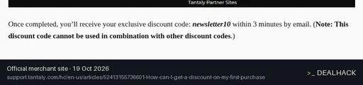 Screenshot of Tantaly's website on Oct 19, 2026 showing the "10% Off First Purchase With Newsletter Signup" offer