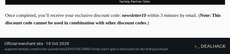 Screenshot of Tantaly's website on Oct 19, 2026 showing the "10% Off First Purchase With Newsletter Signup" offer