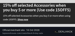 Screenshot of Tap Warehouse's website on Oct 16, 2026 showing the "Save 15% Off Selected Accessories When Buying 5+" offer