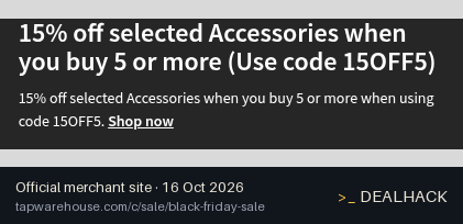Screenshot of Tap Warehouse's website on Oct 16, 2026 showing the "Save 15% Off Selected Accessories When Buying 5+" offer