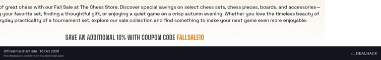 Screenshot of The Chess Store's website on Oct 16, 2026 showing the "Save 10% on Fall Sale Chess Items" offer