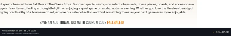 Screenshot of The Chess Store's website on Oct 16, 2026 showing the "Save 10% on Fall Sale Chess Items" offer