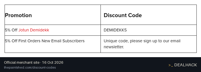 Screenshot of The Paint Shed's website on Oct 16, 2026 showing the "Save 5% on Eligible Jotun Demidekk Products" offer