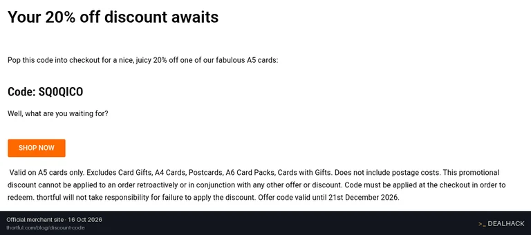 Screenshot of thortful's website on Oct 16, 2026 showing the "Get 20% Off Eligible A5 Cards" offer