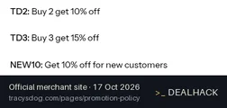 Screenshot of Tracy's Dog's website on Oct 17, 2026 showing the "Buy 3 Get 15% Off With TD3 Code" offer