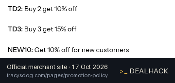 Screenshot of Tracy's Dog's website on Oct 17, 2026 showing the "Buy 3 Get 15% Off With TD3 Code" offer